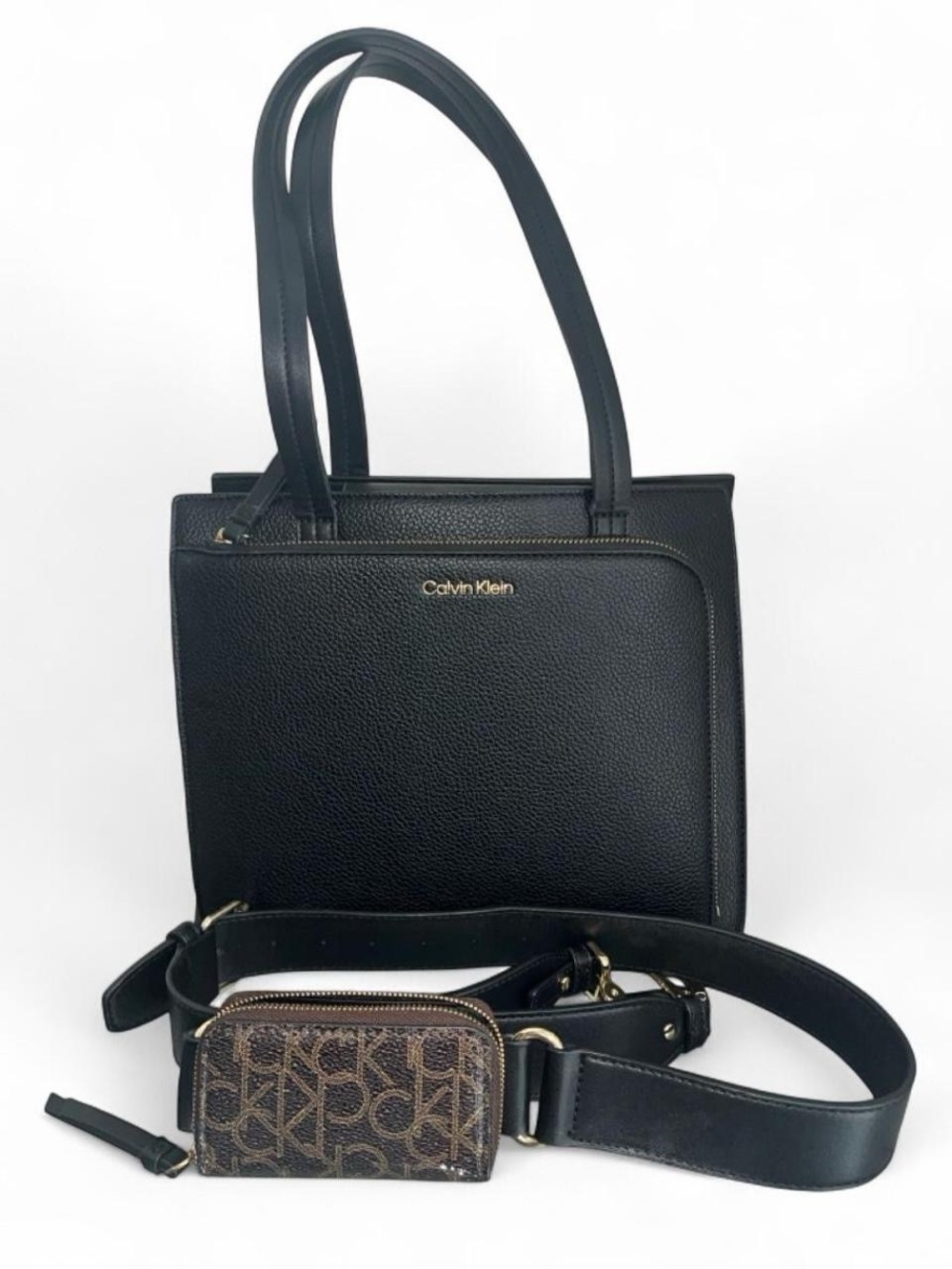 Calvin Klein Black Pebbled Leather Tote with Logo Zip Pouch